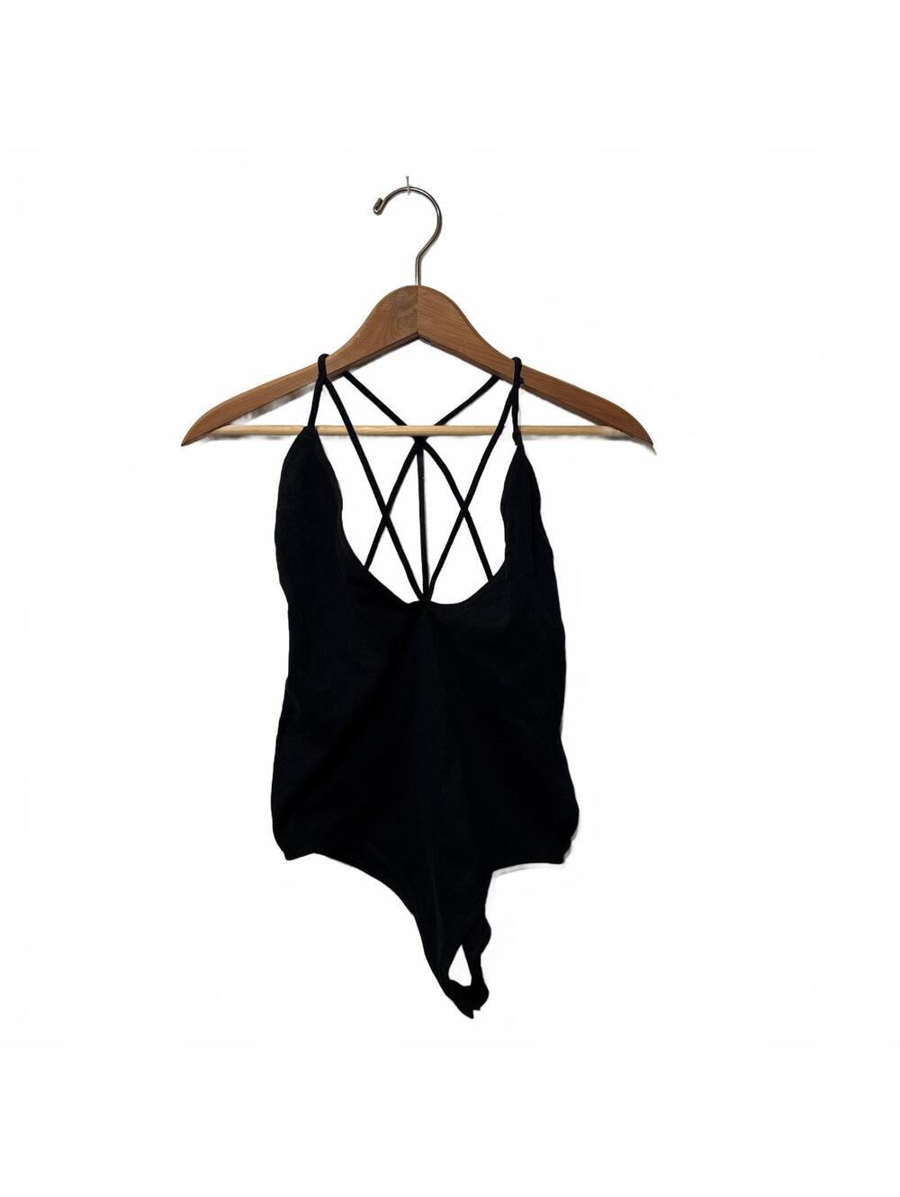 NWT Chocolate USA Black Ribbed Strappy Bodysuit Size Large